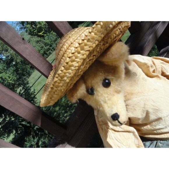 Vintage Handmade 20″ Teddy Bear Full Brim Straw Hat Flowers Denim Dress Red Bow - Picture 5 of 10